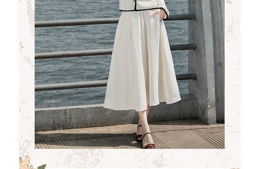 Set: Collared Contrast Trim Single Breasted Jacket with Belt + High Waist Plain Midi A-Line Skirt