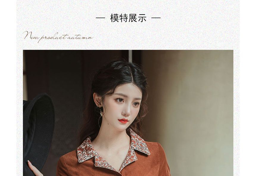 Long-Sleeve Notch Lapel Floral Print Belted Midi A-Line Dress