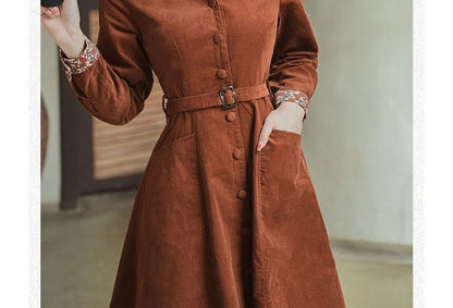 Long-Sleeve Notch Lapel Floral Print Belted Midi A-Line Dress