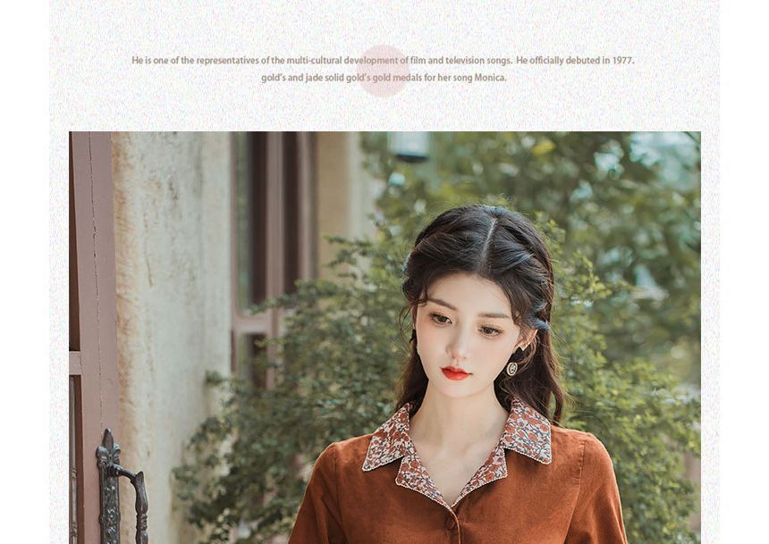 Long-Sleeve Notch Lapel Floral Print Belted Midi A-Line Dress