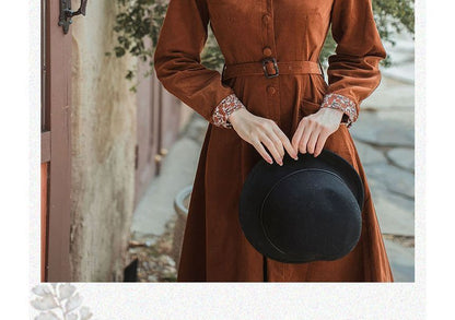 Long-Sleeve Notch Lapel Floral Print Belted Midi A-Line Dress