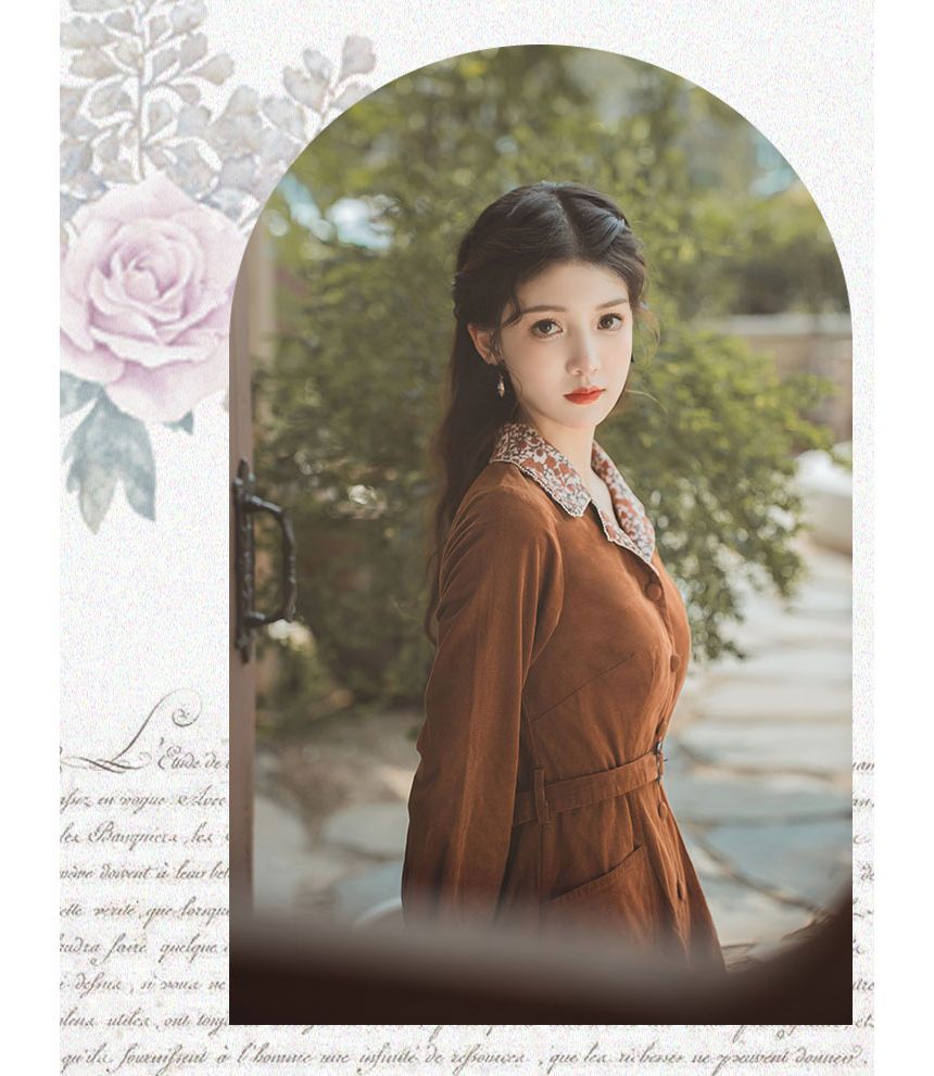 Long-Sleeve Notch Lapel Floral Print Belted Midi A-Line Dress