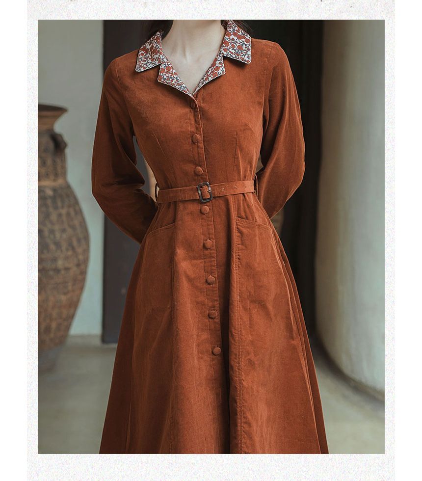 Long-Sleeve Notch Lapel Floral Print Belted Midi A-Line Dress