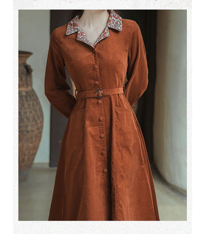 Long-Sleeve Notch Lapel Floral Print Belted Midi A-Line Dress