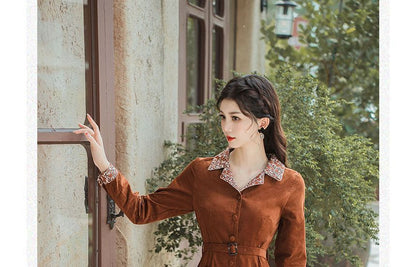 Long-Sleeve Notch Lapel Floral Print Belted Midi A-Line Dress