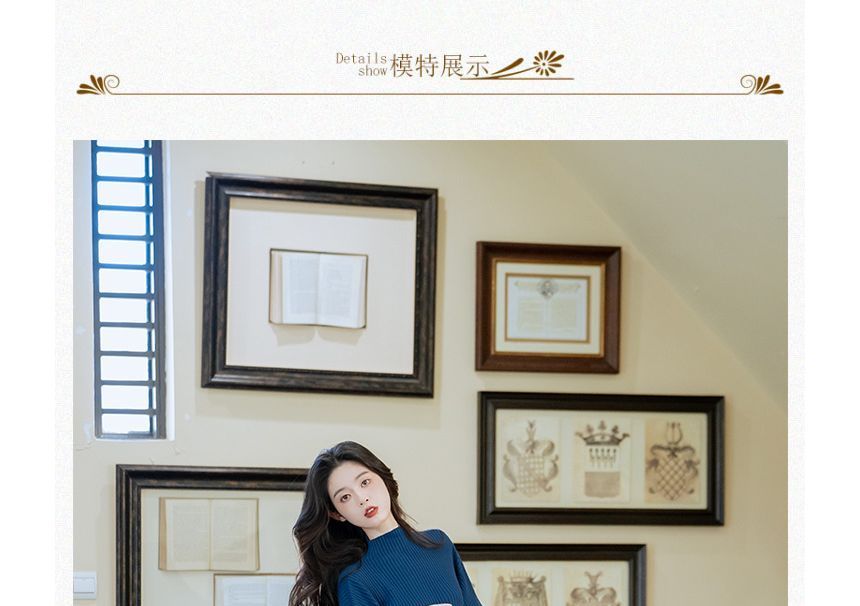 Set: Mock Neck Plain Sweater + Plaid Midi A-Line Skirt