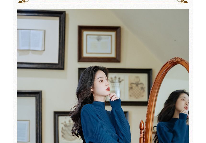 Set: Mock Neck Plain Sweater + Plaid Midi A-Line Skirt