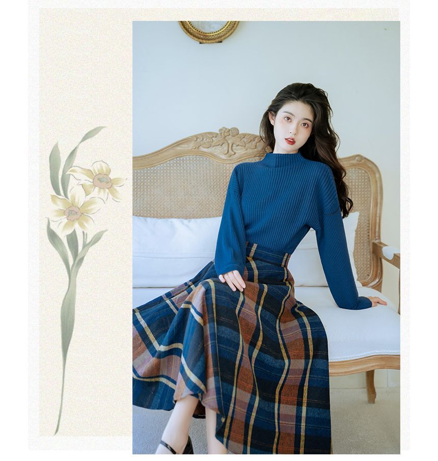 Set: Mock Neck Plain Sweater + Plaid Midi A-Line Skirt