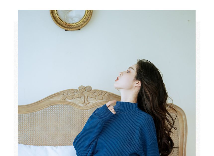 Set: Mock Neck Plain Sweater + Plaid Midi A-Line Skirt