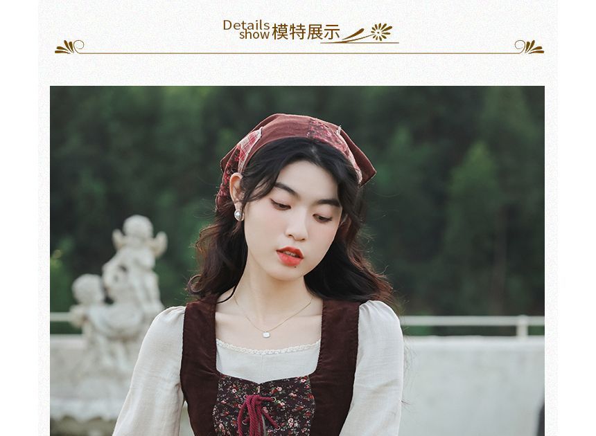 Long-Sleeve Plain Midi A-Line Dress / Floral Panel Vest / Head Scarf / Set