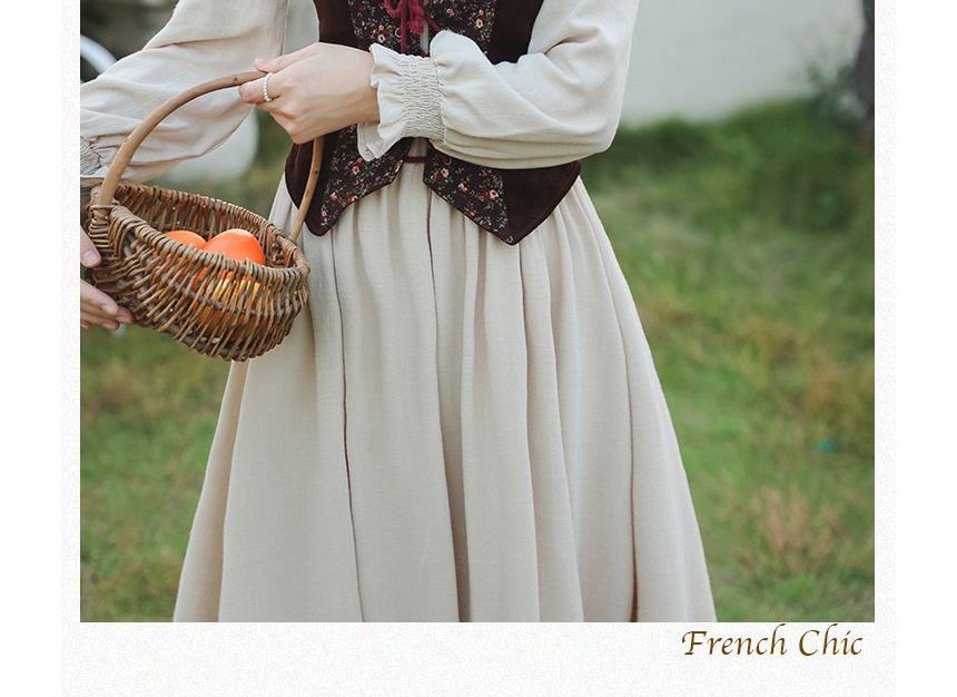 Long-Sleeve Plain Midi A-Line Dress / Floral Panel Vest / Head Scarf / Set