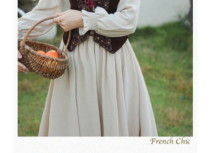 Long-Sleeve Plain Midi A-Line Dress / Floral Panel Vest / Head Scarf / Set