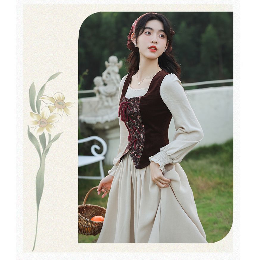 Long-Sleeve Plain Midi A-Line Dress / Floral Panel Vest / Head Scarf / Set