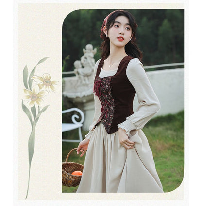 Long-Sleeve Plain Midi A-Line Dress / Floral Panel Vest / Head Scarf / Set