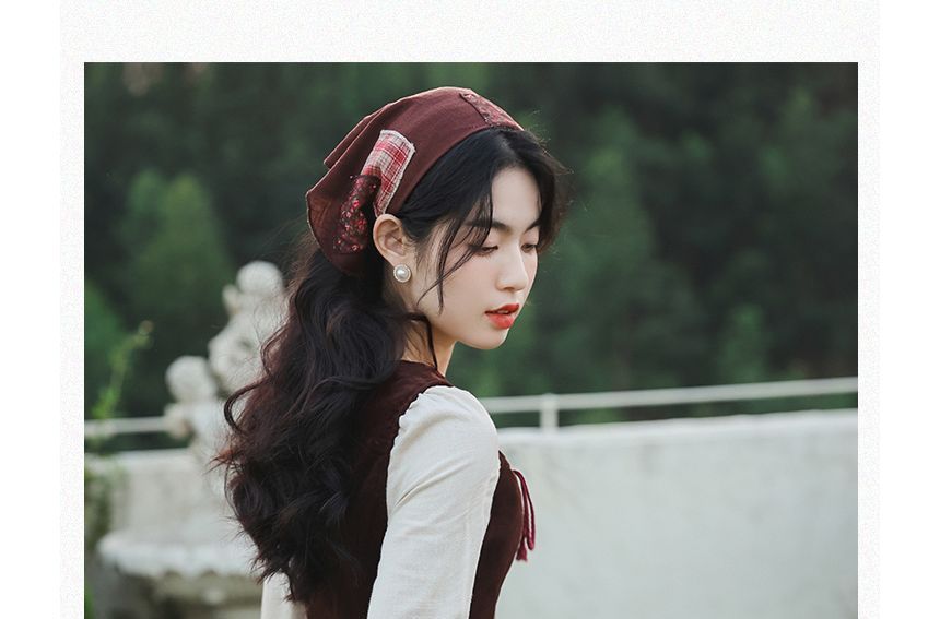 Long-Sleeve Plain Midi A-Line Dress / Floral Panel Vest / Head Scarf / Set