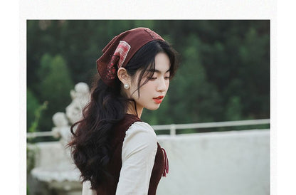 Long-Sleeve Plain Midi A-Line Dress / Floral Panel Vest / Head Scarf / Set