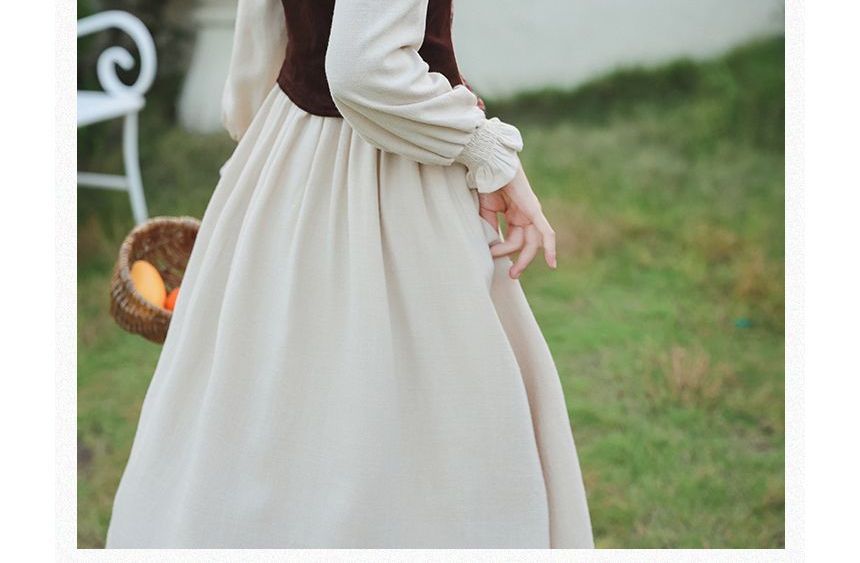Long-Sleeve Plain Midi A-Line Dress / Floral Panel Vest / Head Scarf / Set