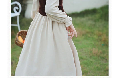 Long-Sleeve Plain Midi A-Line Dress / Floral Panel Vest / Head Scarf / Set