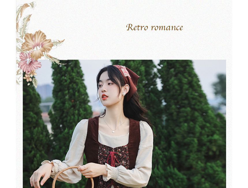 Long-Sleeve Plain Midi A-Line Dress / Floral Panel Vest / Head Scarf / Set