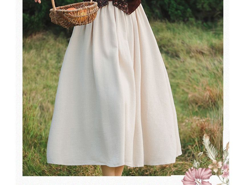 Long-Sleeve Plain Midi A-Line Dress / Floral Panel Vest / Head Scarf / Set