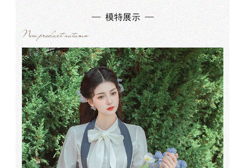 Set: Long-Sleeve Bow-Neck Blouse + Halter Striped Midi A-Line Skirt