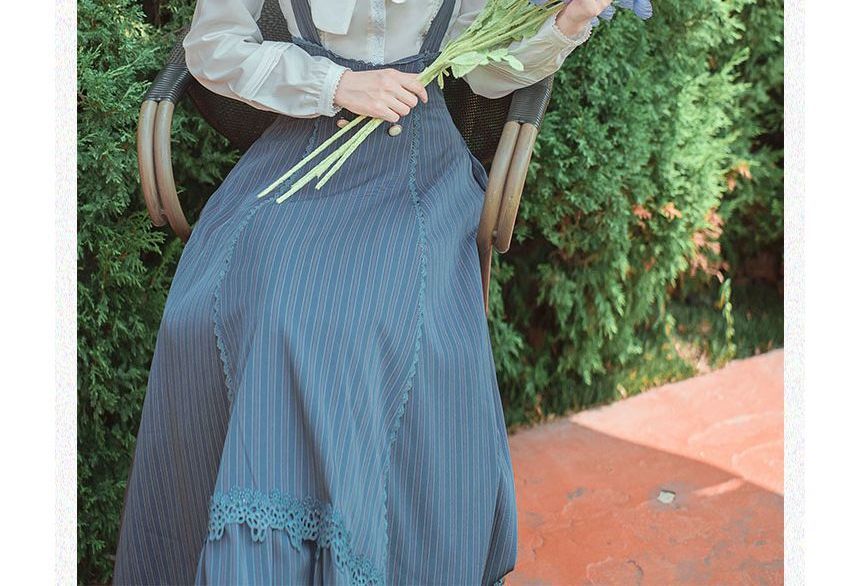 Set: Long-Sleeve Bow-Neck Blouse + Halter Striped Midi A-Line Skirt