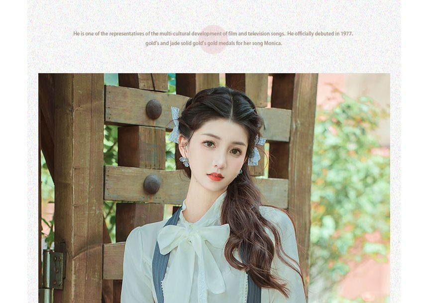 Set: Long-Sleeve Bow-Neck Blouse + Halter Striped Midi A-Line Skirt