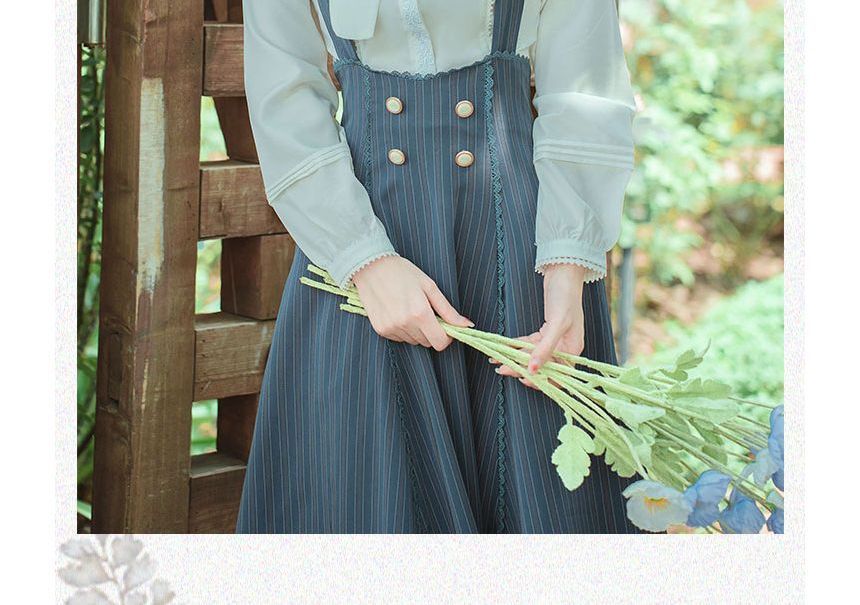 Set: Long-Sleeve Bow-Neck Blouse + Halter Striped Midi A-Line Skirt