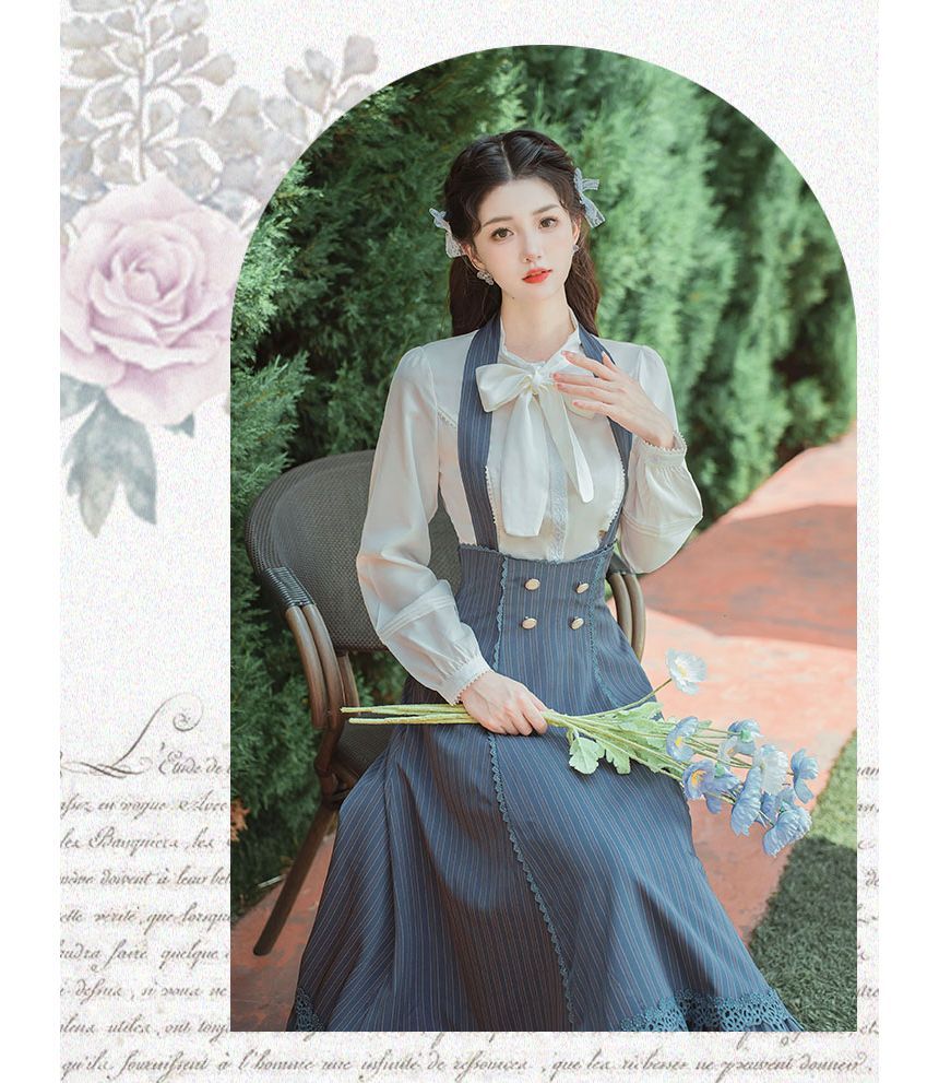 Set: Long-Sleeve Bow-Neck Blouse + Halter Striped Midi A-Line Skirt