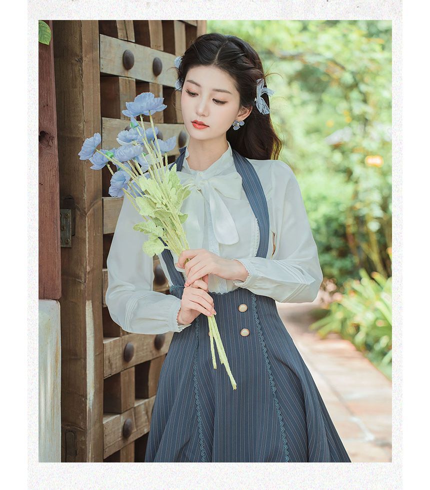 Set: Long-Sleeve Bow-Neck Blouse + Halter Striped Midi A-Line Skirt