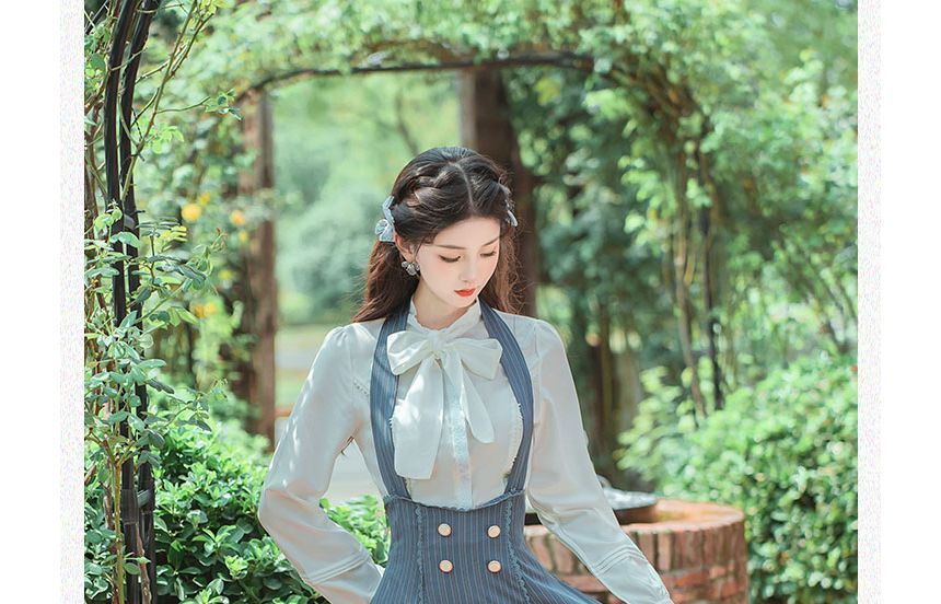 Set: Long-Sleeve Bow-Neck Blouse + Halter Striped Midi A-Line Skirt
