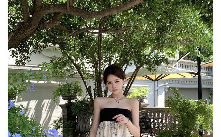 Strapless Floral Print Maxi A-Line Dress