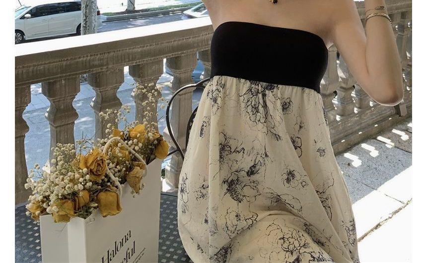 Strapless Floral Print Maxi A-Line Dress