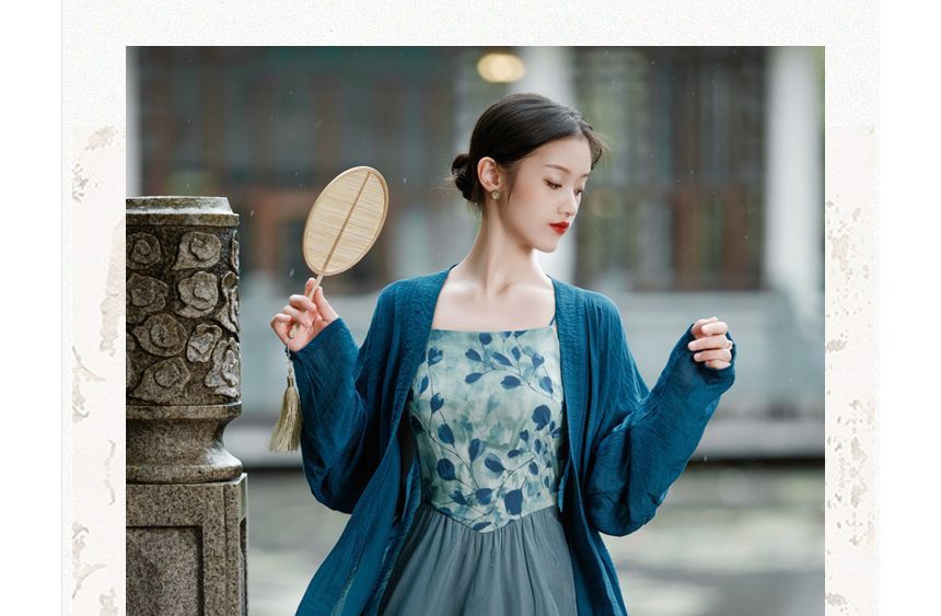 Spaghetti Strap Floral Panel Midi A-Line Dress / Plain Light Jacket / Set