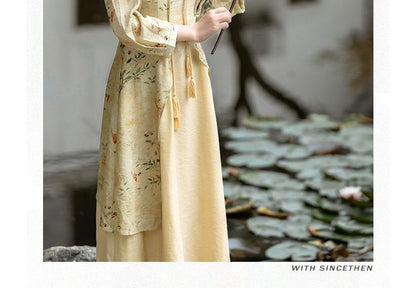 Long-Sleeve Floral Midi A-Line Qipao