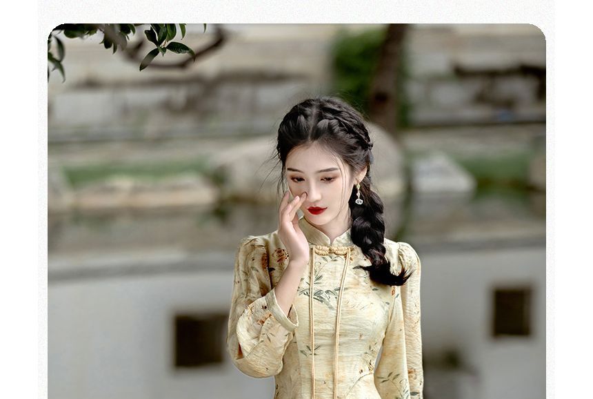 Long-Sleeve Floral Midi A-Line Qipao