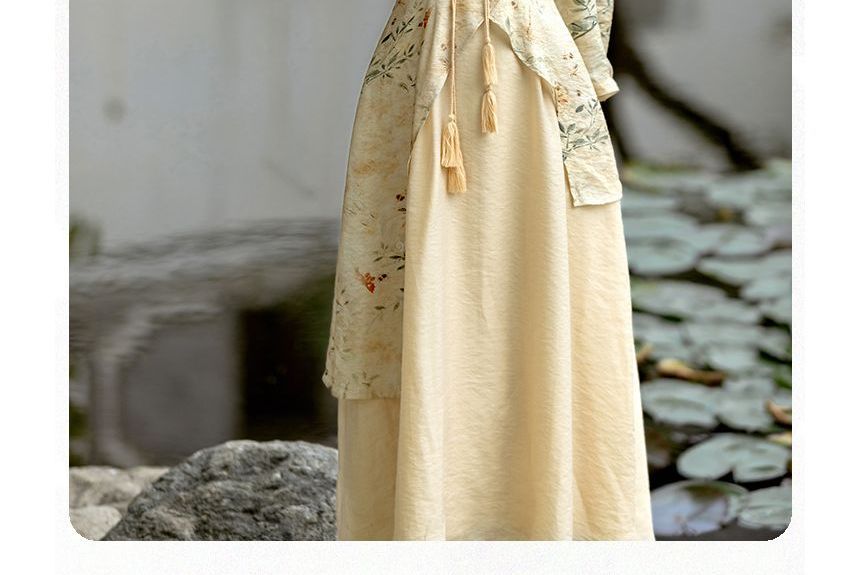 Long-Sleeve Floral Midi A-Line Qipao