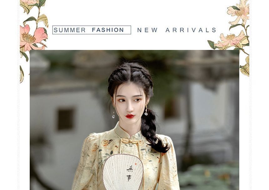 Long-Sleeve Floral Midi A-Line Qipao