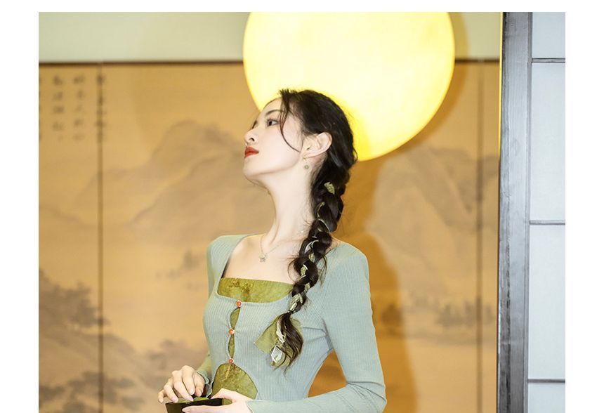 Set: Spaghetti Strap Painting Print Midi A-Line Dress + Plain Ruffle Asymmetrical Long Top