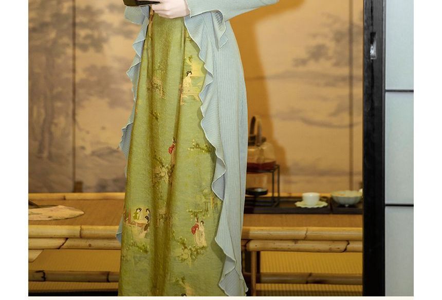 Set: Spaghetti Strap Painting Print Midi A-Line Dress + Plain Ruffle Asymmetrical Long Top