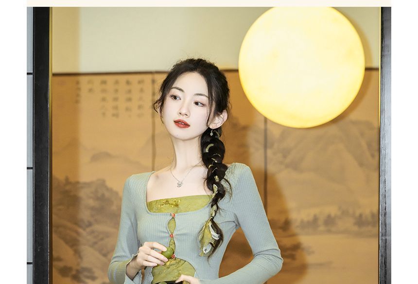 Set: Spaghetti Strap Painting Print Midi A-Line Dress + Plain Ruffle Asymmetrical Long Top