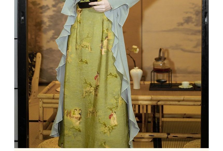 Set: Spaghetti Strap Painting Print Midi A-Line Dress + Plain Ruffle Asymmetrical Long Top