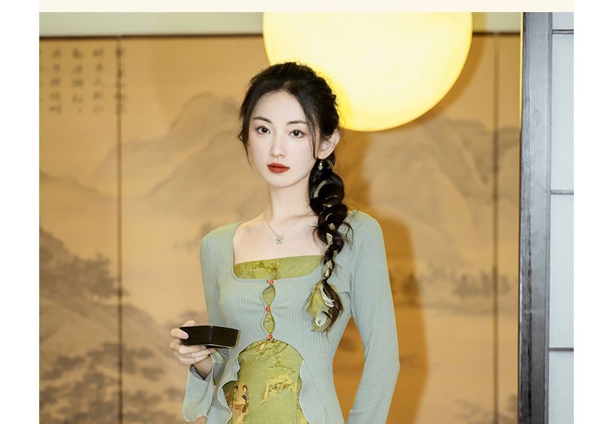 Set: Spaghetti Strap Painting Print Midi A-Line Dress + Plain Ruffle Asymmetrical Long Top