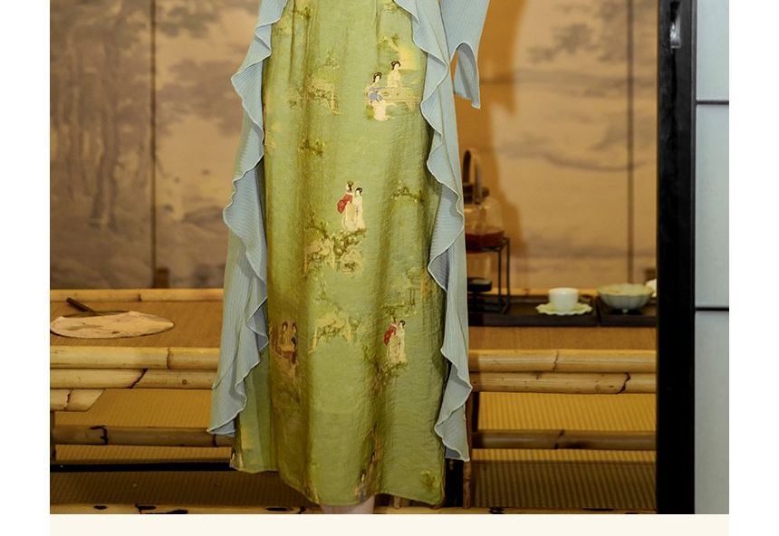 Set: Spaghetti Strap Painting Print Midi A-Line Dress + Plain Ruffle Asymmetrical Long Top