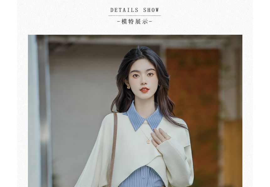 Long-Sleeve Striped Shirt / Crew Neck Plain Asymmetrical Crop Sweater / High Rise Pleated Midi A-Line Skirt / Set