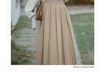 Long-Sleeve Striped Shirt / Crew Neck Plain Asymmetrical Crop Sweater / High Rise Pleated Midi A-Line Skirt / Set