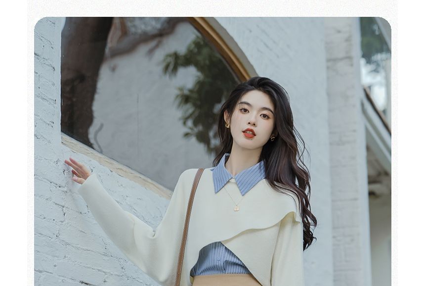 Long-Sleeve Striped Shirt / Crew Neck Plain Asymmetrical Crop Sweater / High Rise Pleated Midi A-Line Skirt / Set