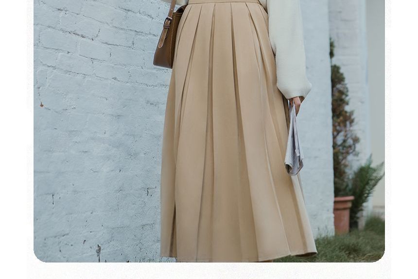 Long-Sleeve Striped Shirt / Crew Neck Plain Asymmetrical Crop Sweater / High Rise Pleated Midi A-Line Skirt / Set