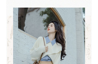 Long-Sleeve Striped Shirt / Crew Neck Plain Asymmetrical Crop Sweater / High Rise Pleated Midi A-Line Skirt / Set