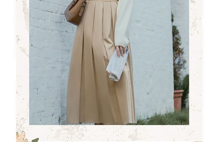 Long-Sleeve Striped Shirt / Crew Neck Plain Asymmetrical Crop Sweater / High Rise Pleated Midi A-Line Skirt / Set